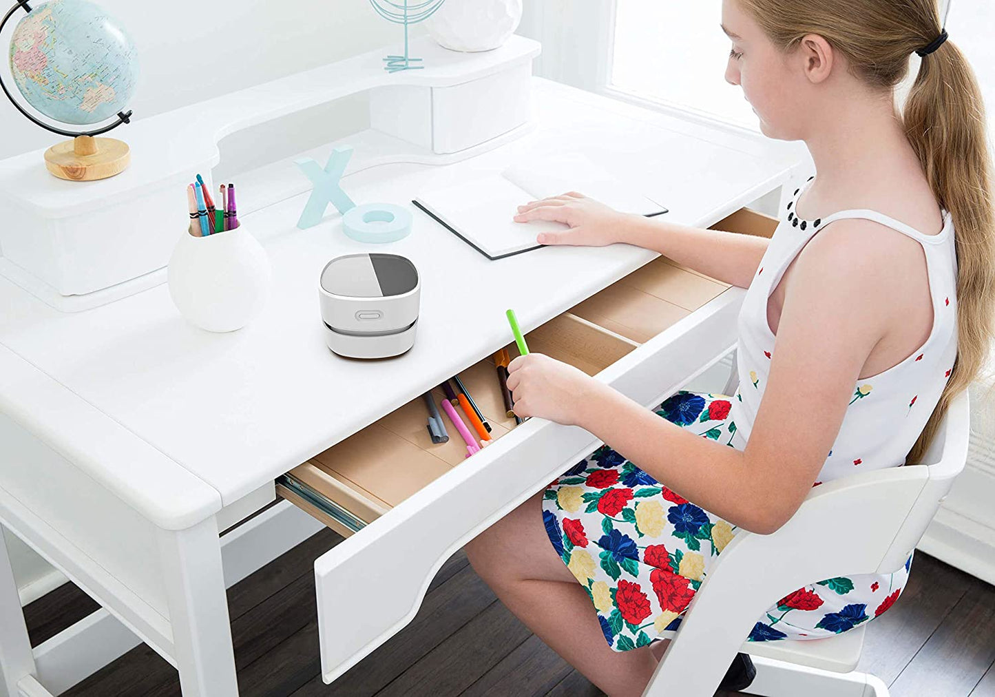 ODISTAR Cordless Mini Desktop Vacuum Cleaner with 360º Rotatable Design, Energy Efficient and Long-Lasting Battery Life for Home, Office, and School Use (White AA Battery)