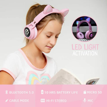 Powerlocus Kids Cat Ear Headphones, Bluetooth 5.3 Wireless, LED Lights, Safe Volume Limit, Micro SD/TF, for Ipad, Tablet, Travel (Pink)