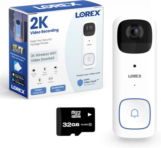 Lorex 2K Wireless Wifi Smart Video Doorbell Camera W/No Subscription Fee - Smart Security Lighting, Night Vision, Battery-Powered, Motion Detection (White)
