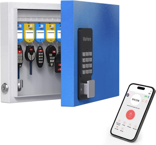 Wehere 16-Key Wall-Mounted Lock Box, Smart Key Cabinet with Key Tags, Bluetooth App Control, OTP & Password Unlock, Wi-Fi Remote Access (Bridge Sold Separately), Steel Key Safe for Office and Home Use