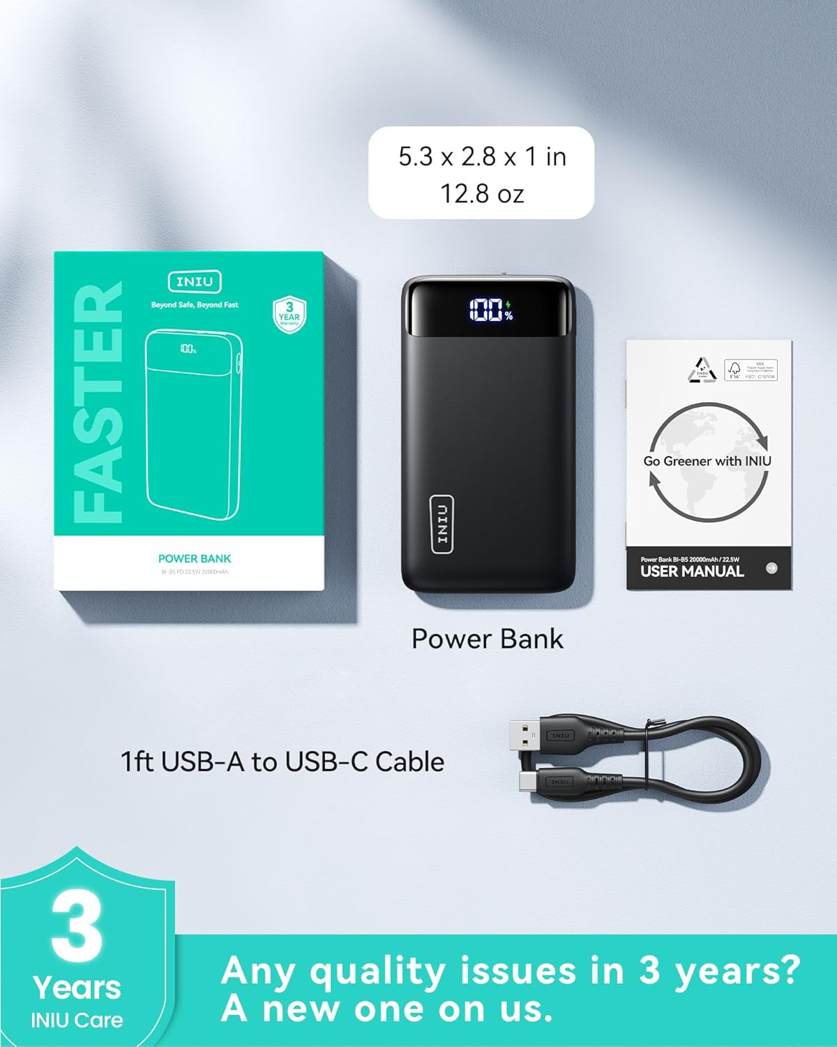 INIU 22.5W Portable Charger, 20000mAh USB-C Power Bank with Fast Charging, PD 3.0 and QC 4.0, LED Display, Compatible with iPhone 16/15/14/13 Pro, Samsung S23, Google Tablets, and More