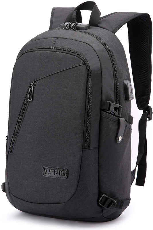 WENIG Anti-Theft Travel Laptop Backpack with USB Charging Port and Water-Resistant Design, Slim Computer Bag for Men, Ideal for College and 15.6 Inch Laptops