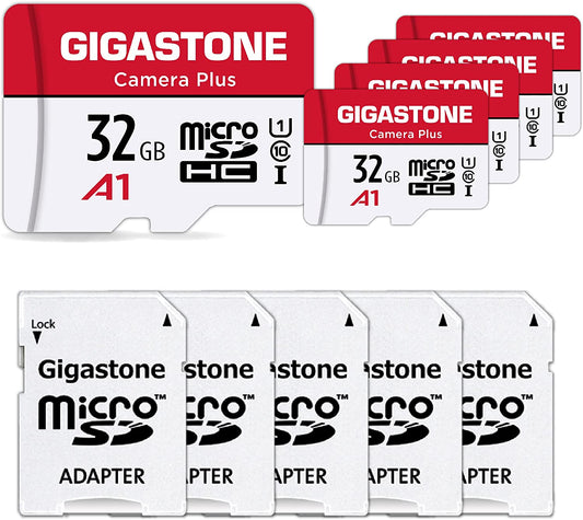 GIGASTONE 32GB Micro SD Card 5-Pack - UHS-I U1 A1 Class 10 Memory Cards for Security Cameras, Wyze Cam, and Roku, Supporting Full HD Video Recording with Adapter, Up to 90Mb/s