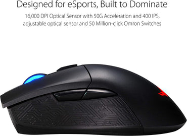 ASUS ROG Gladius II Wireless Optical Gaming Mouse for PC - Right-Hand Grip, 12000 DPI Sensor, 400 IPS, Omron Switches, 6 Programmable Buttons, Aura Sync RGB Lighting, ROG Armoury II
