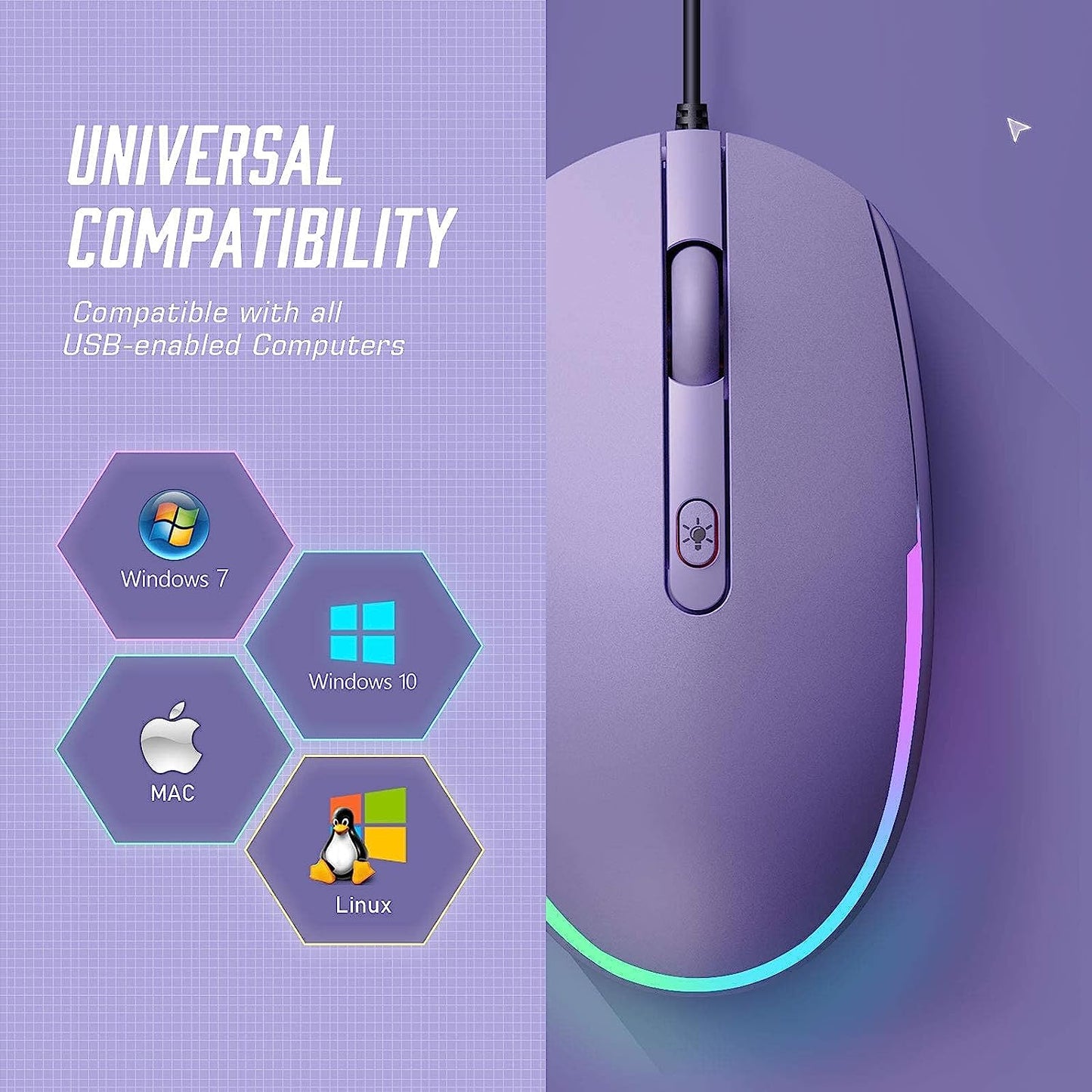 Seenda Wired USB Optical Mouse with RGB Backlighting for Laptops and Chromebooks - Purple