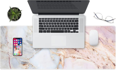 Oversized Pink Marble Gaming Mouse Pad - Extended Non-Slip Rubber Desk Mat with Stitched Edges (31.5" x 11.8" x 0.12")