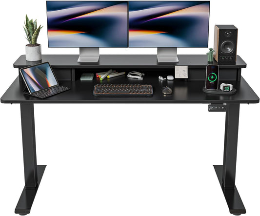 FEZIBO 55 X 24 Inch Height Adjustable Electric Standing Desk with Double Drawer, Stand up Home Office Computer Desk with 4 Height-Adjustable Feets & 2 Hooks, Black