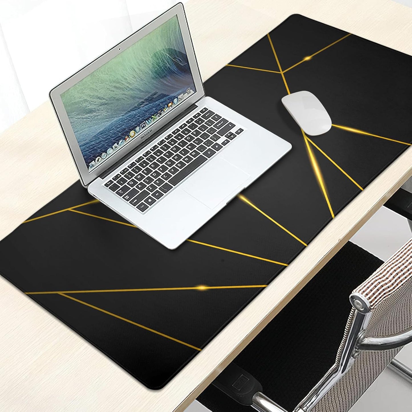 Extended XL Gaming Mouse Pad 31.5 x 11.8 Inches with Stitched Edges, Waterproof Black Geometric Design, Non-Slip Rubber Base, Ideal for Work, Office, and Home Use