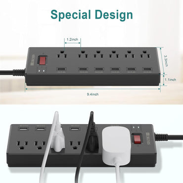 Power Strip, HITRENDS Surge Protector with 6 AC Outlets & 6 USB Charging Ports, 6 Feet Heavy Duty Extension Cord, 1625W/13A Multiplug for Home Office & Multiple USB Devices - Black