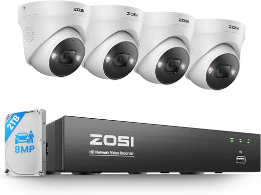 ZOSI 4K Poe Security Camera System,4Pcs 8MP Outdoor Indoor Poe Cameras,2-Way Audio,Person Vehicle Detection,Spotlight Color Night Vision,8Port 16 Channel 8MP/4K NVR with 2TB HDD for 24/7 Recording