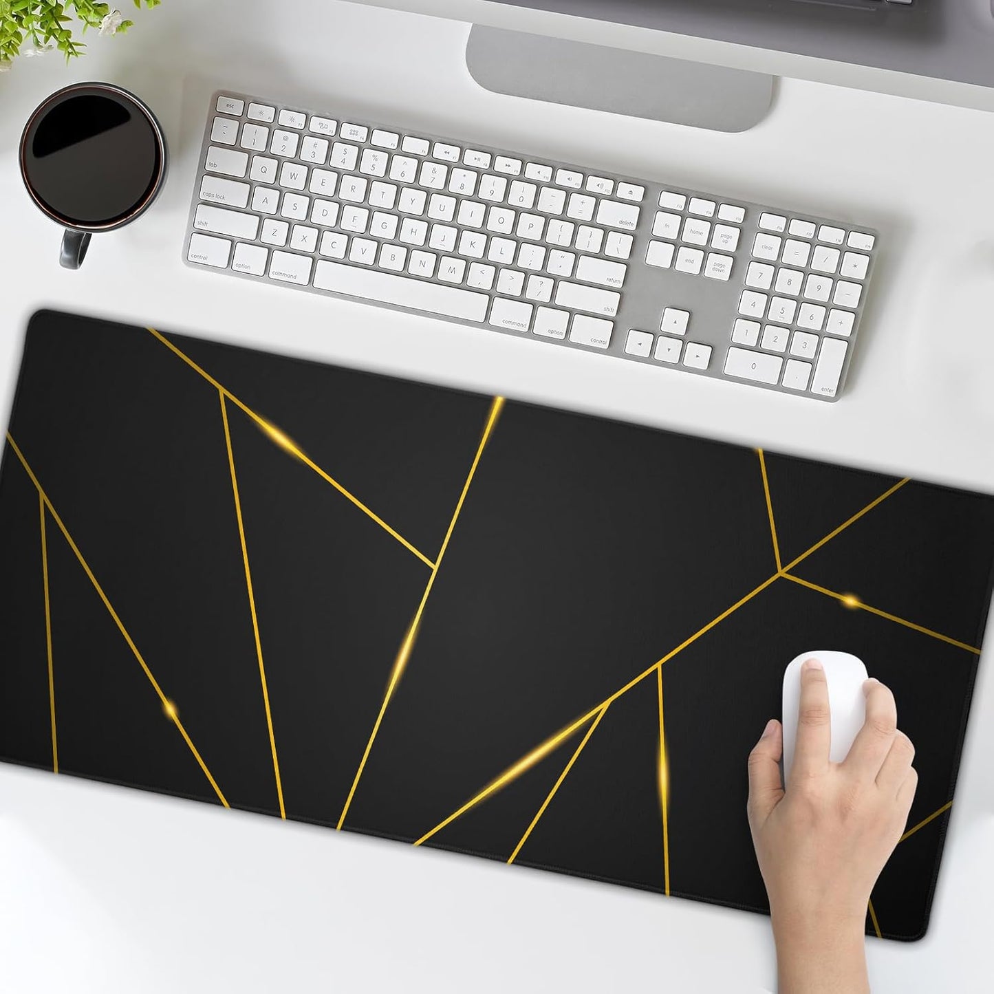 Extended XL Gaming Mouse Pad 31.5 x 11.8 Inches with Stitched Edges, Waterproof Black Geometric Design, Non-Slip Rubber Base, Ideal for Work, Office, and Home Use