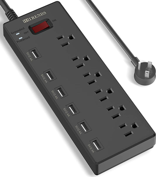 Power Strip, HITRENDS Surge Protector with 6 AC Outlets & 6 USB Charging Ports, 6 Feet Heavy Duty Extension Cord, 1625W/13A Multiplug for Home Office & Multiple USB Devices - Black