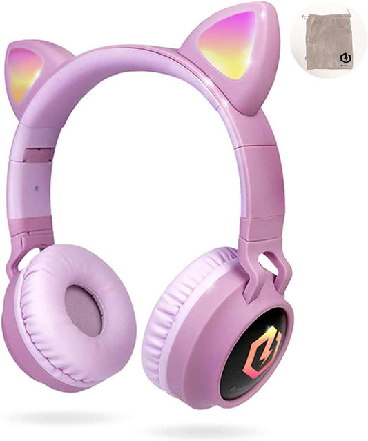 Powerlocus Kids Cat Ear Headphones, Bluetooth 5.3 Wireless, LED Lights, Safe Volume Limit, Micro SD/TF, for Ipad, Tablet, Travel (Pink)