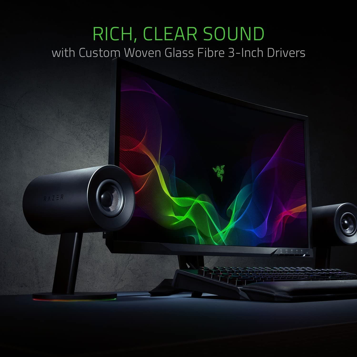 Razer Nommo Chroma 2.0 PC Gaming Speakers - Custom Woven 3" Glass Fiber Drivers, Rear-Facing Bass Ports, Adjustable Bass Control with Automatic Gain, Chroma Enabled, Black
