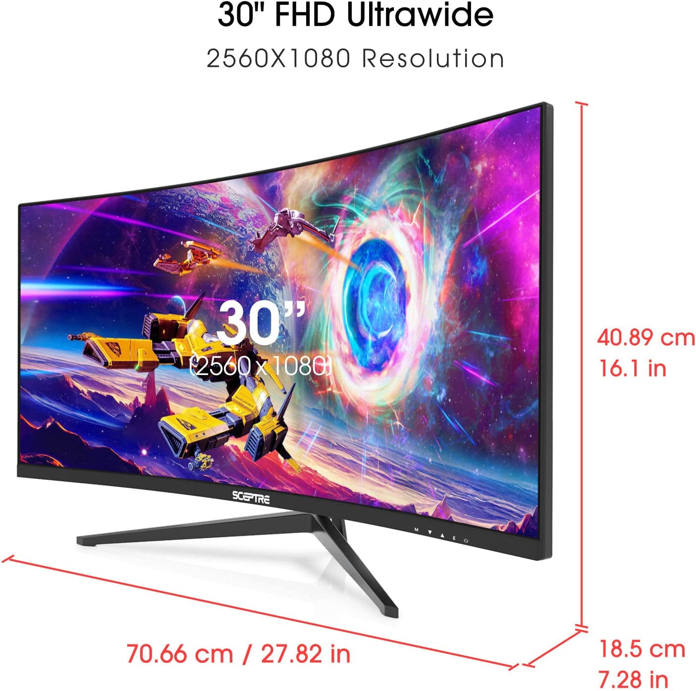 Sceptre 30-Inch Curved Ultra Wide Gaming Monitor, 21:9 Aspect Ratio, 2560x1080 Resolution, 200Hz Refresh Rate, HDMI and DisplayPort Connectivity, Built-In Speakers, Metal Black (Model C305B-200UN1)
