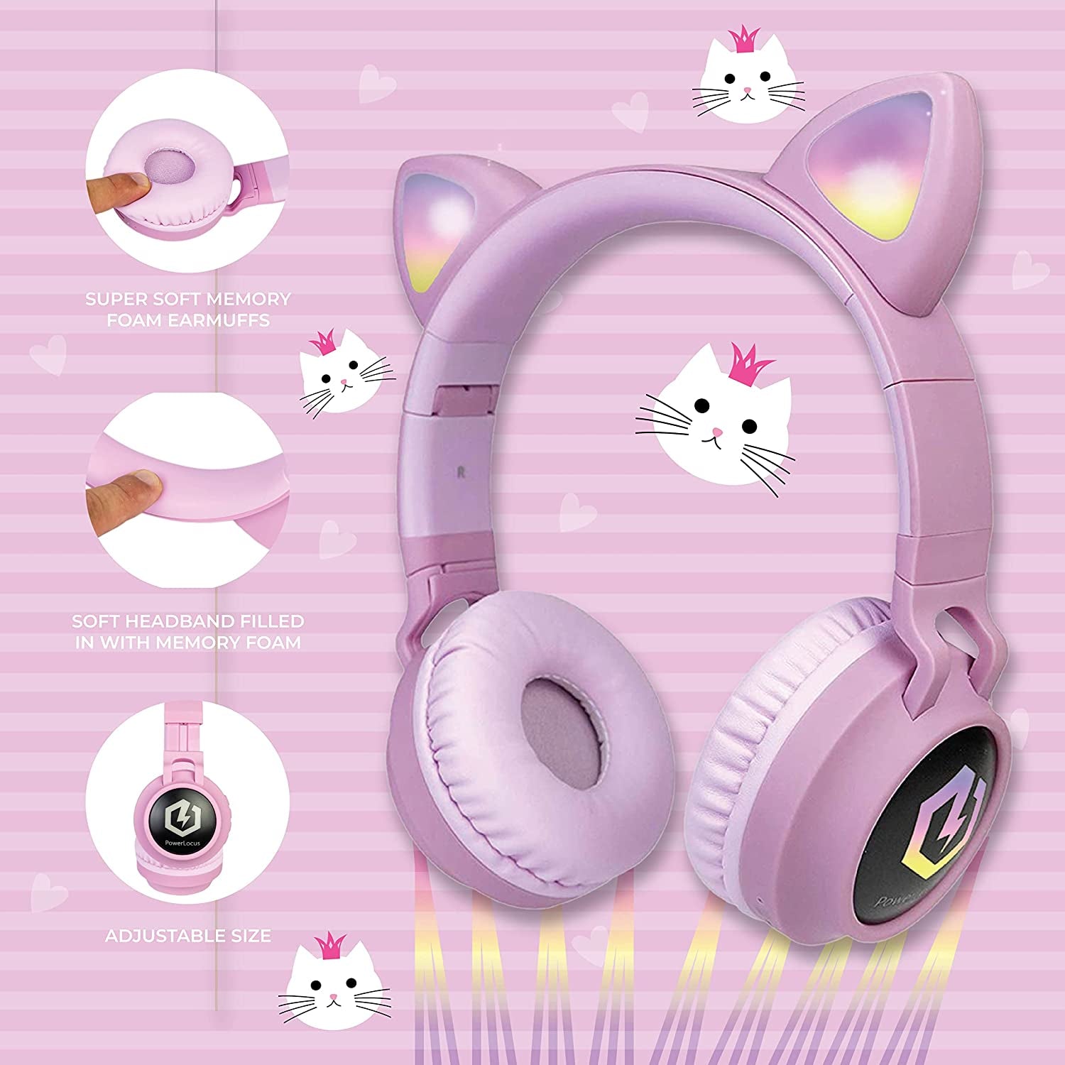 Powerlocus Kids Cat Ear Headphones, Bluetooth 5.3 Wireless, LED Lights, Safe Volume Limit, Micro SD/TF, for Ipad, Tablet, Travel (Pink)