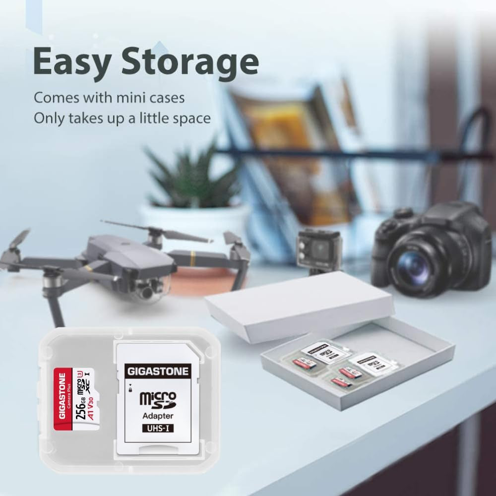Gigastone 256GB Camera Plus Series Memory Card - Up to 100MB/s Read Speed, Perfect for Full HD Video with GoPro, Drones, and Android Cameras, A1 Micro SDXC Card with Mini Case and SD Adapter