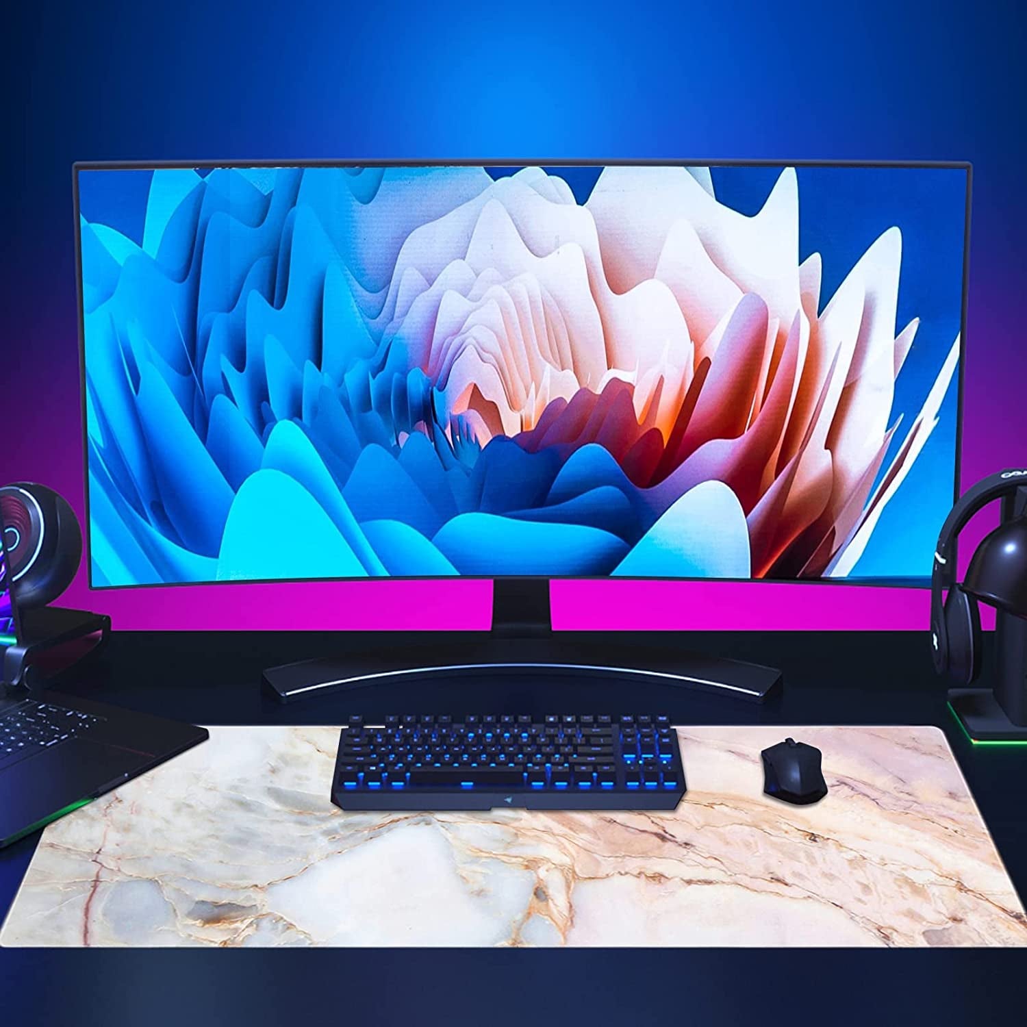 Oversized Pink Marble Gaming Mouse Pad - Extended Non-Slip Rubber Desk Mat with Stitched Edges (31.5" x 11.8" x 0.12")