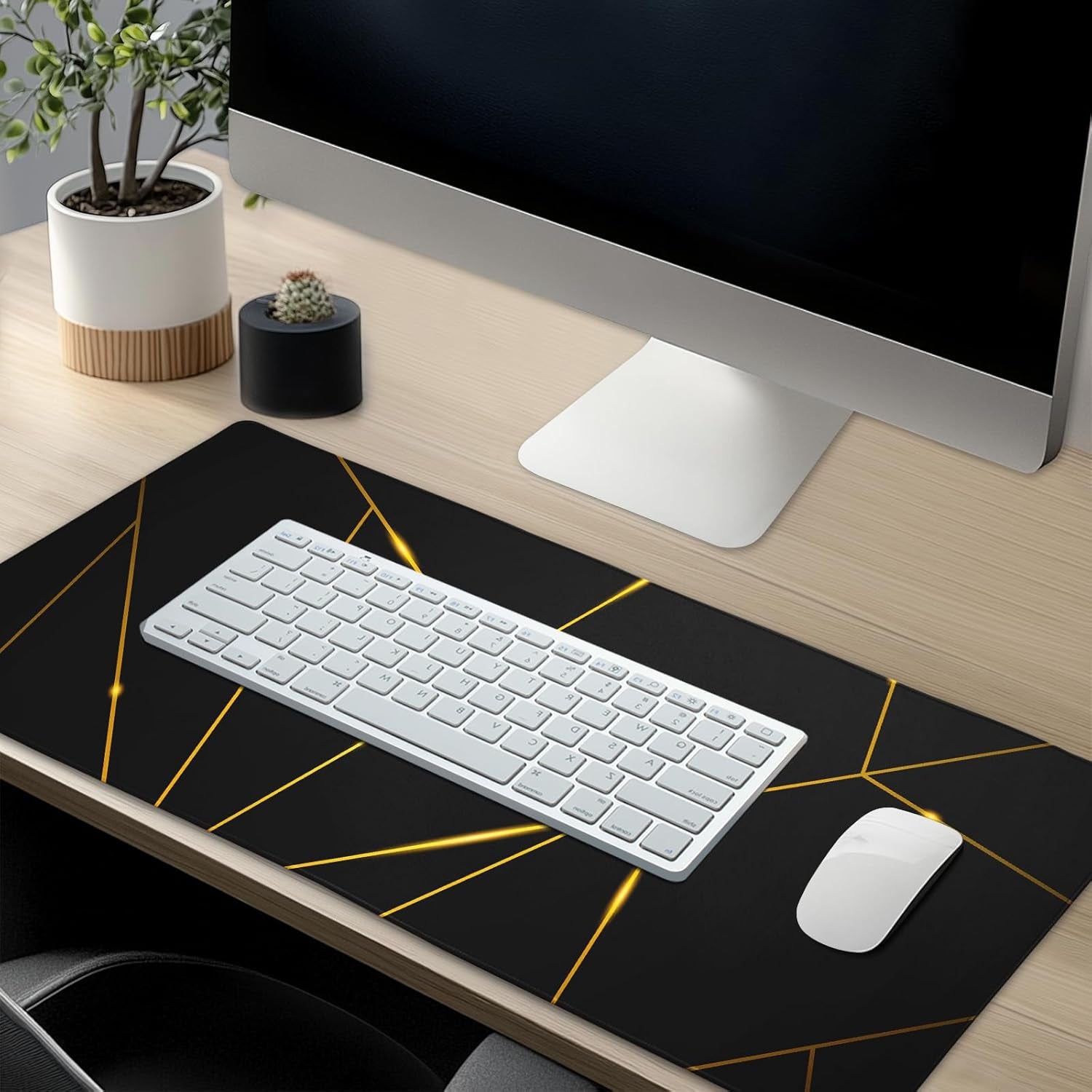 Extended XL Gaming Mouse Pad 31.5 x 11.8 Inches with Stitched Edges, Waterproof Black Geometric Design, Non-Slip Rubber Base, Ideal for Work, Office, and Home Use