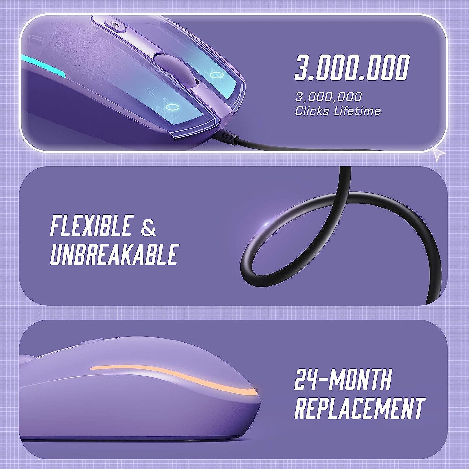 Seenda Wired USB Optical Mouse with RGB Backlighting for Laptops and Chromebooks - Purple
