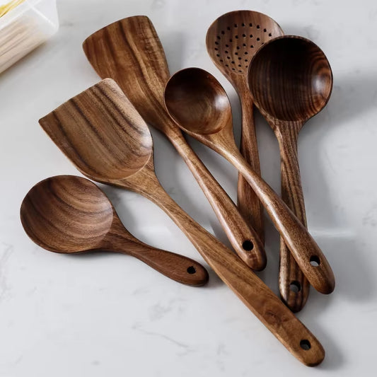7Pcs/Set Teak Natural Wood Tableware Spoon Ladle Turner Rice Colander Soup Skimmer Cooking Spoon Scoop Kitchen Reusable Tool Kit
