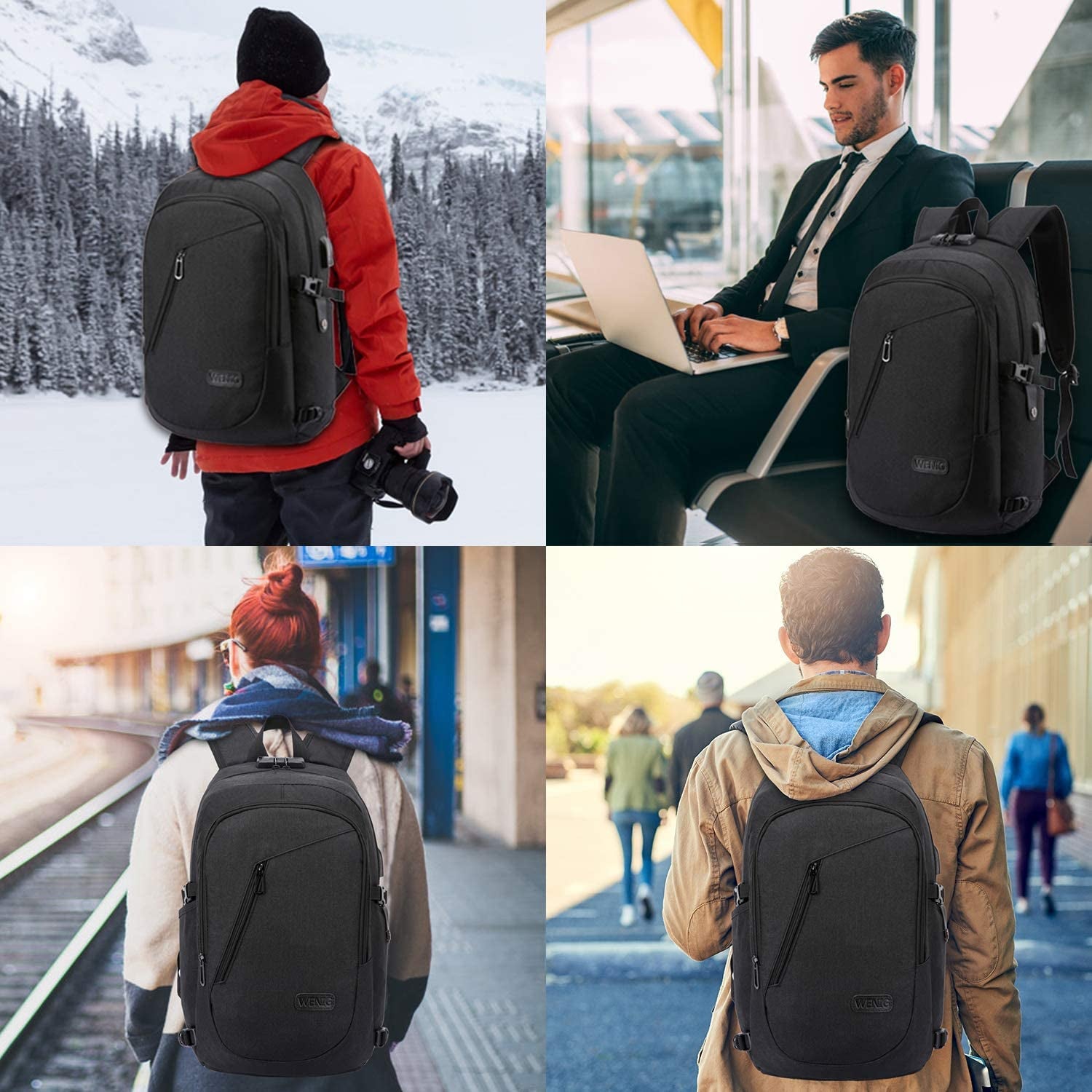 WENIG Anti-Theft Travel Laptop Backpack with USB Charging Port and Water-Resistant Design, Slim Computer Bag for Men, Ideal for College and 15.6 Inch Laptops