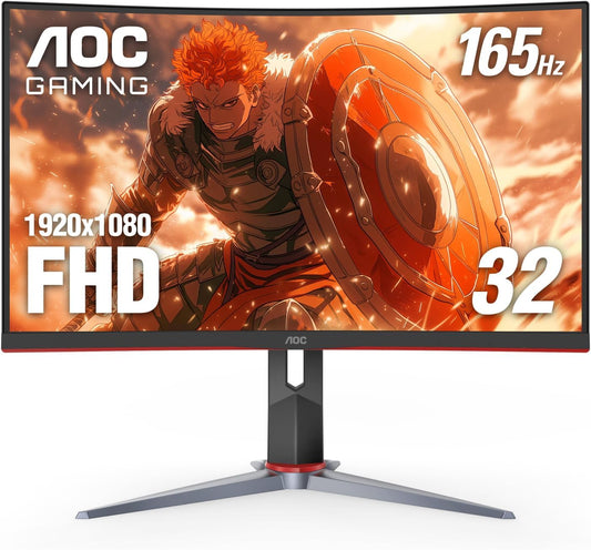 AOC C32G2 32" Curved Frameless Gaming Monitor FHD, 1500R Curved VA, 1Ms, 165Hz, Freesync, Height Adjustable, 3-Year Zero Dead Pixel Policy, Black