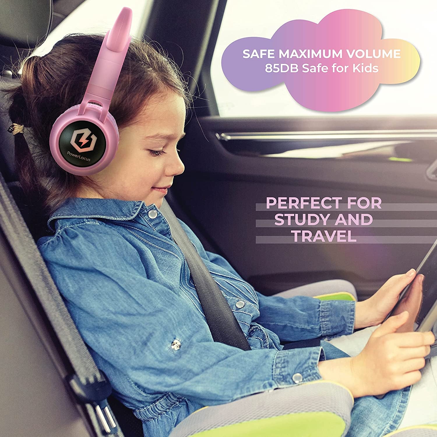 Powerlocus Kids Cat Ear Headphones, Bluetooth 5.3 Wireless, LED Lights, Safe Volume Limit, Micro SD/TF, for Ipad, Tablet, Travel (Pink)