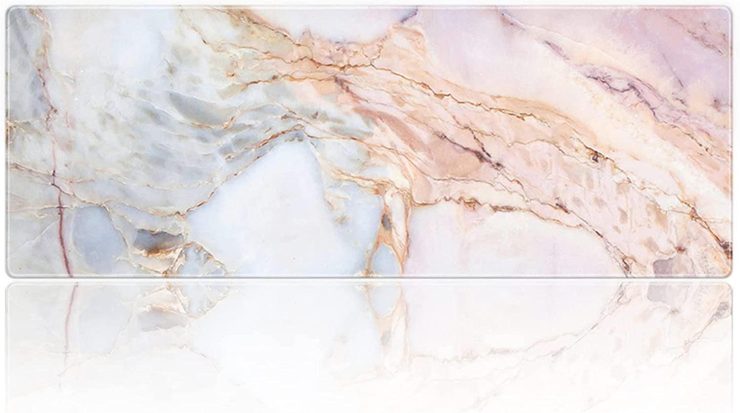 Oversized Pink Marble Gaming Mouse Pad - Extended Non-Slip Rubber Desk Mat with Stitched Edges (31.5" x 11.8" x 0.12")