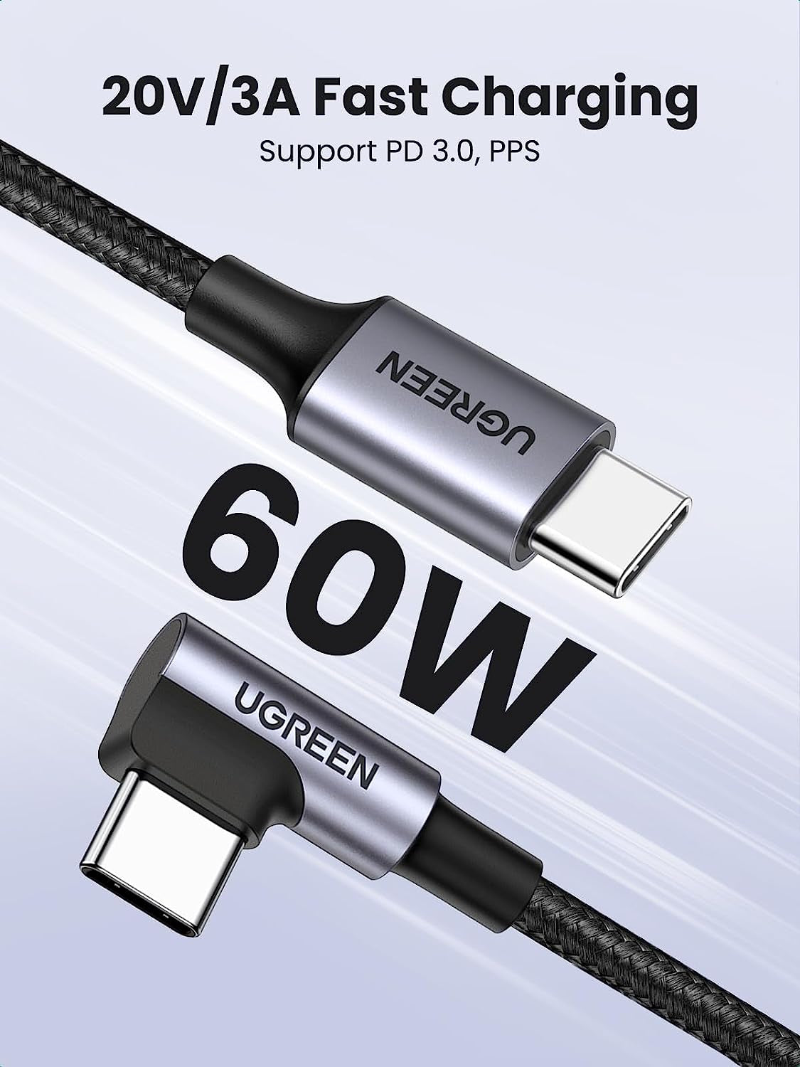 UGREEN 6.6FT Right Angle USB C Cable 2-Pack, 60W 90 Degree Type C to Type C Cable for iPhone 16/15, MacBook Pro/Air, iPad Pro 2022/Air 5/Mini 6, Galaxy S24/S23/S22, Pixel 8/7, and Switch