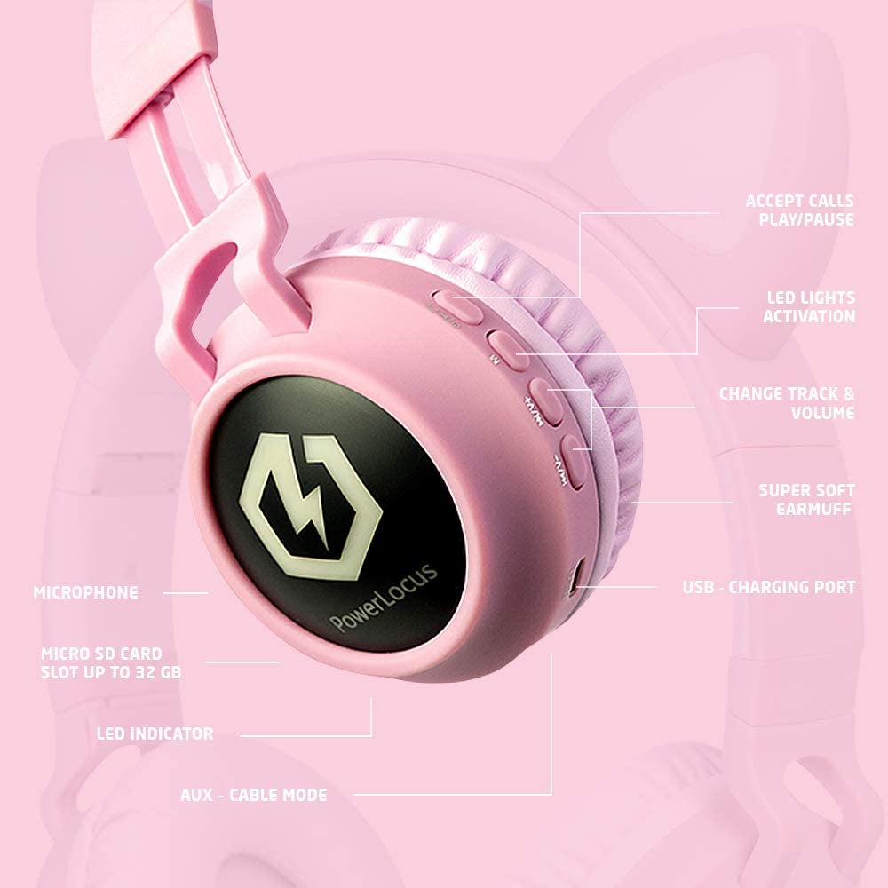 Powerlocus Kids Cat Ear Headphones, Bluetooth 5.3 Wireless, LED Lights, Safe Volume Limit, Micro SD/TF, for Ipad, Tablet, Travel (Pink)