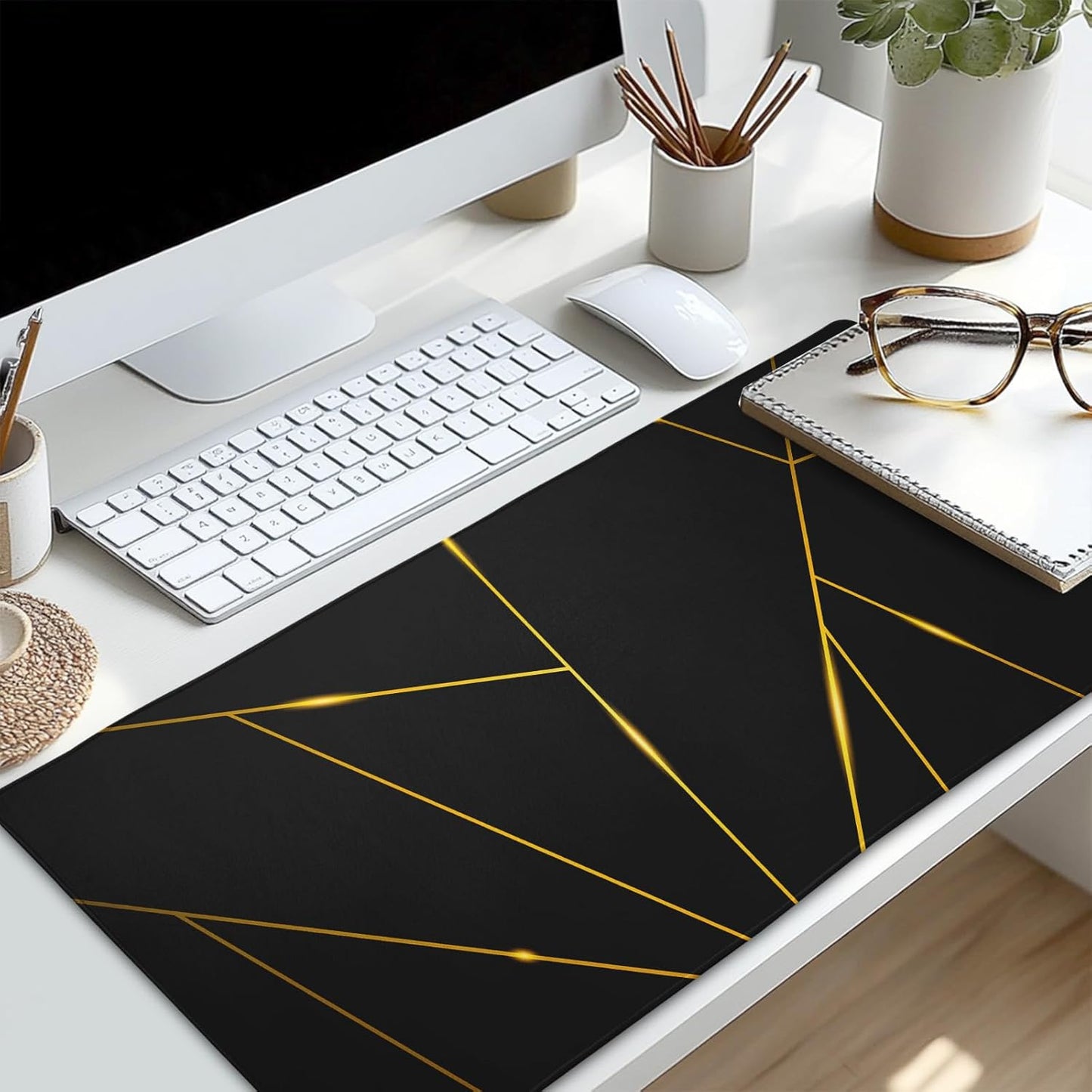 Extended XL Gaming Mouse Pad 31.5 x 11.8 Inches with Stitched Edges, Waterproof Black Geometric Design, Non-Slip Rubber Base, Ideal for Work, Office, and Home Use