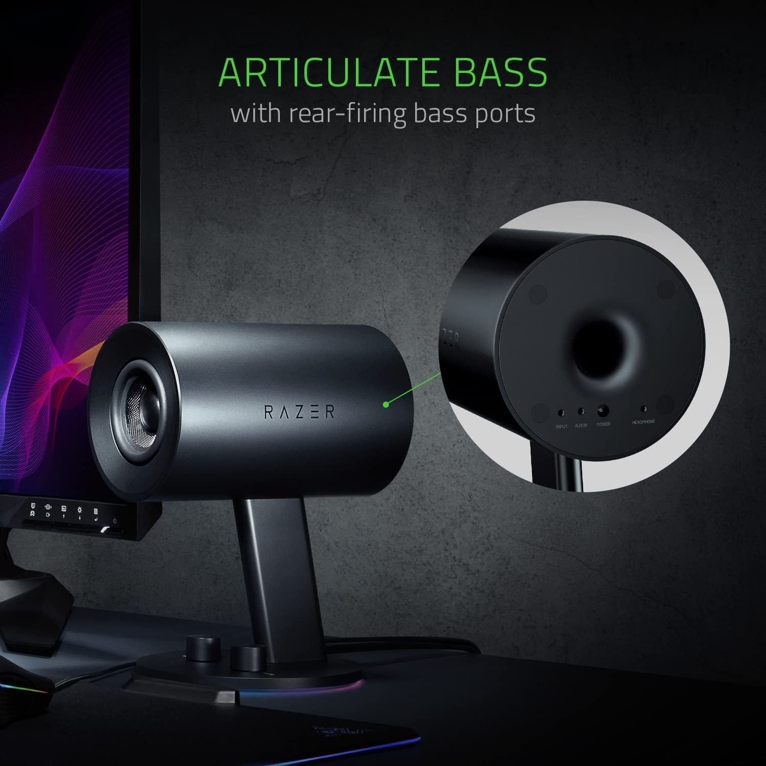 Razer Nommo Chroma 2.0 PC Gaming Speakers - Custom Woven 3" Glass Fiber Drivers, Rear-Facing Bass Ports, Adjustable Bass Control with Automatic Gain, Chroma Enabled, Black