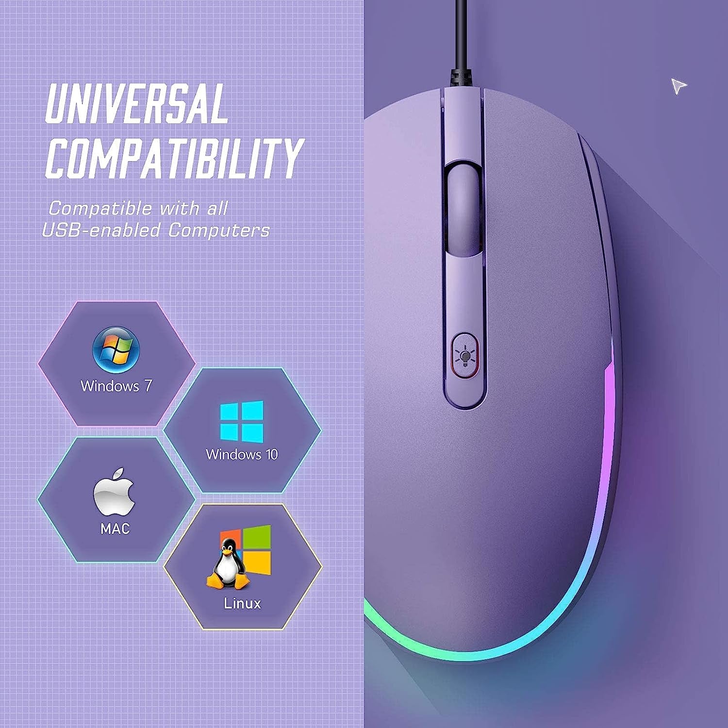 Seenda Wired USB Optical Mouse with RGB Backlighting for Laptops and Chromebooks - Purple
