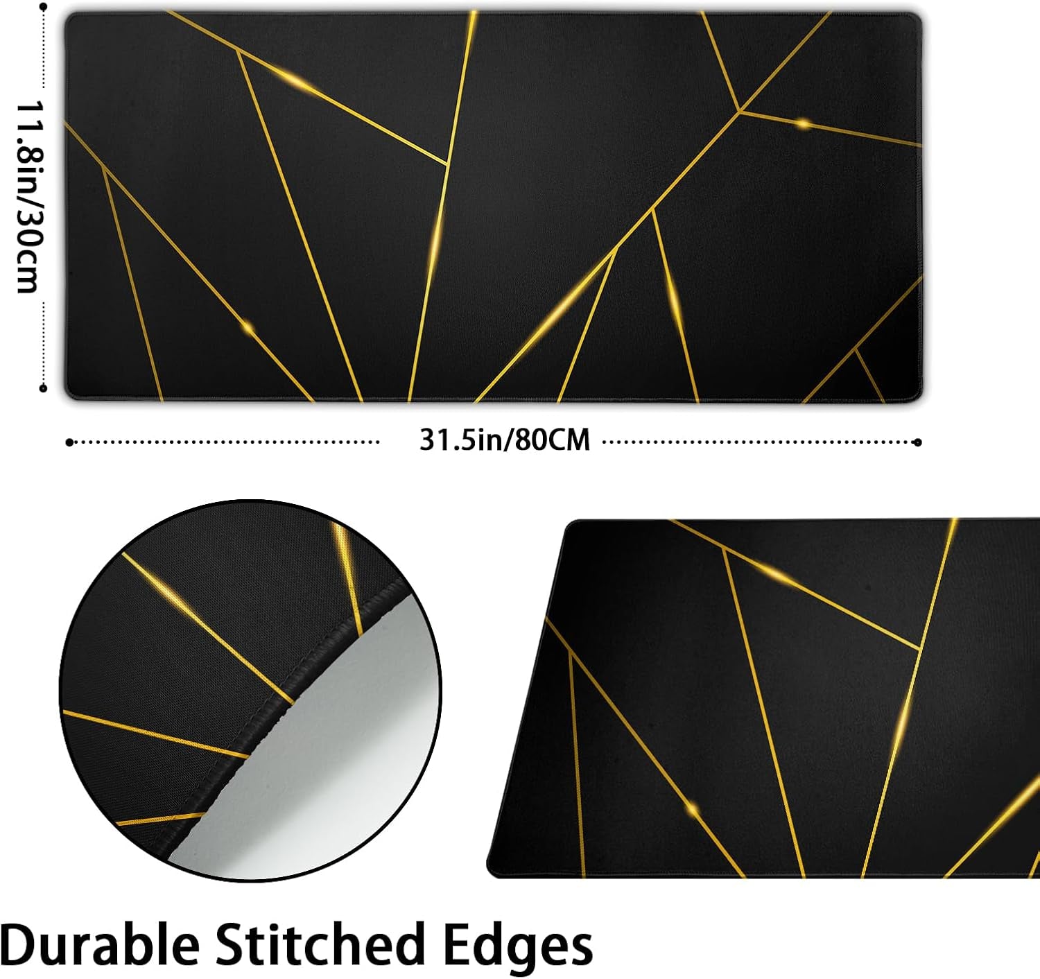 Extended XL Gaming Mouse Pad 31.5 x 11.8 Inches with Stitched Edges, Waterproof Black Geometric Design, Non-Slip Rubber Base, Ideal for Work, Office, and Home Use