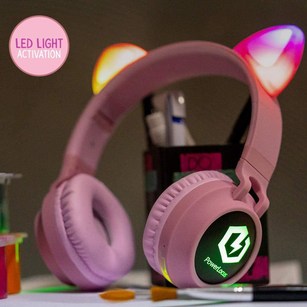 Powerlocus Kids Cat Ear Headphones, Bluetooth 5.3 Wireless, LED Lights, Safe Volume Limit, Micro SD/TF, for Ipad, Tablet, Travel (Pink)