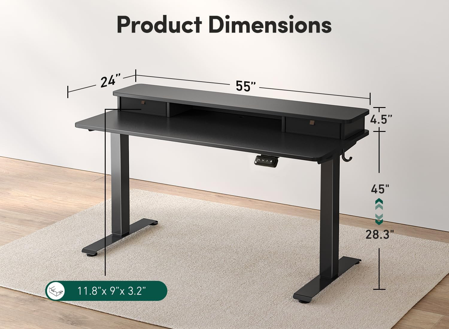 FEZIBO 55 X 24 Inch Height Adjustable Electric Standing Desk with Double Drawer, Stand up Home Office Computer Desk with 4 Height-Adjustable Feets & 2 Hooks, Black