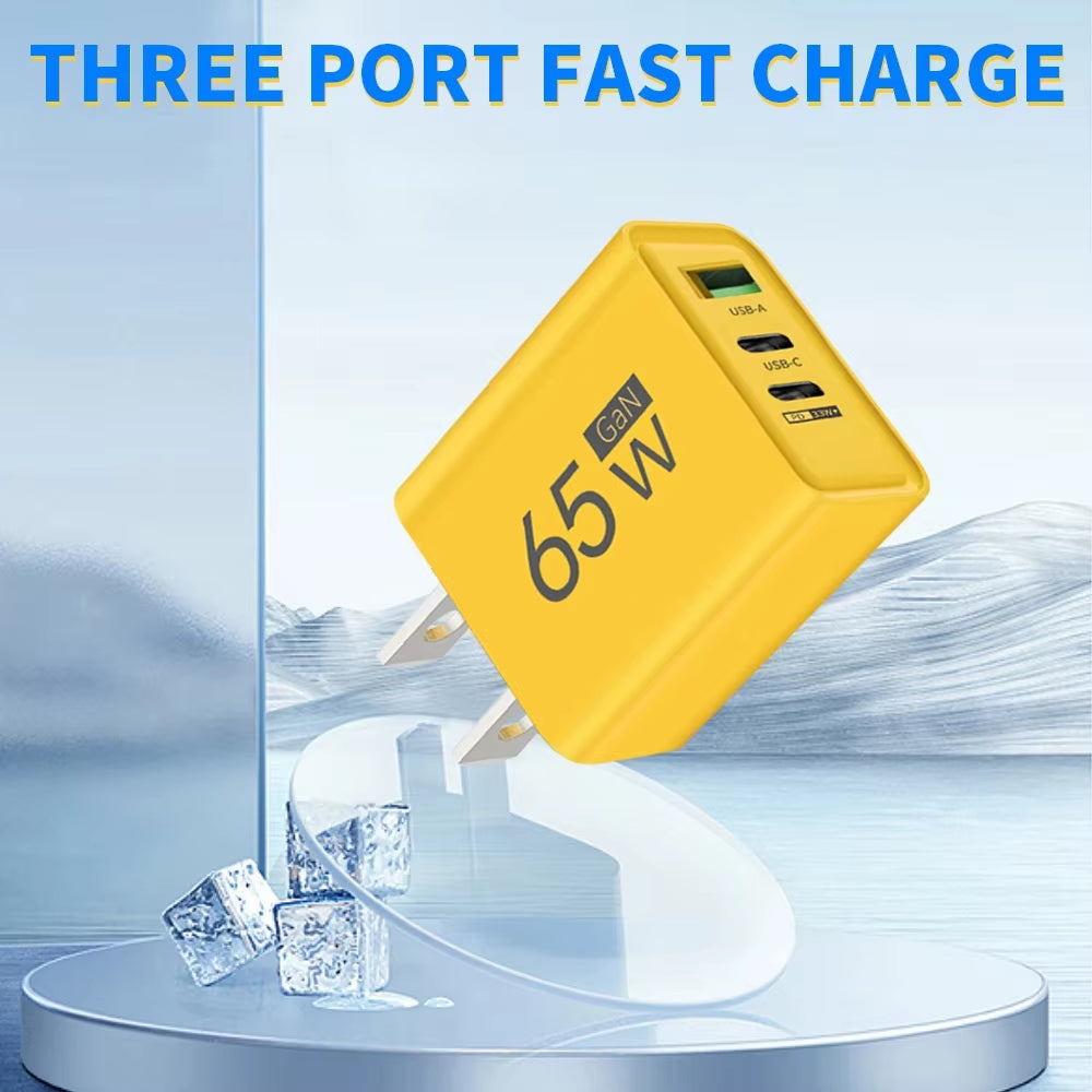 65W Gan USB C Charger 3 Ports Fast Charging Type C Phone Charger Adapter for Iphone 15 Samsung Xiaomi Huawei Quick Wall Charger