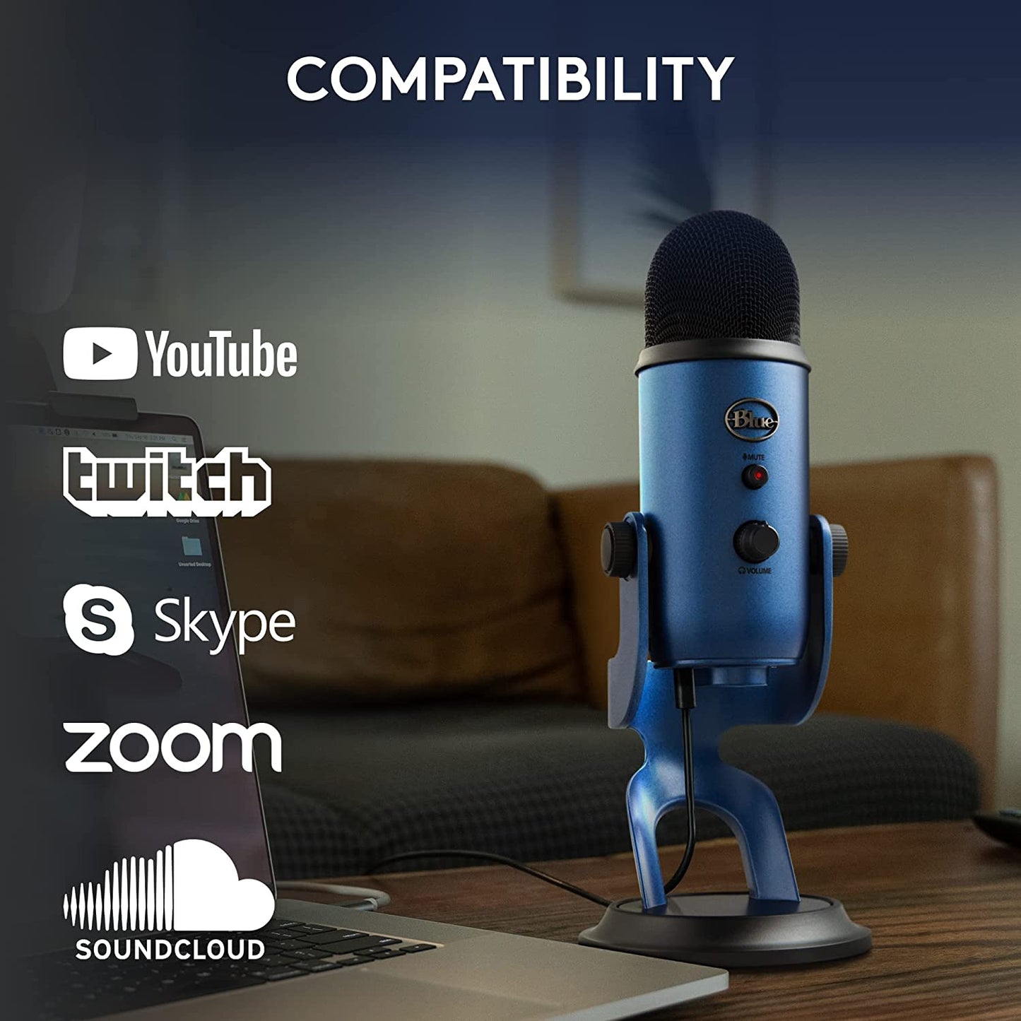 Logitech for Creators Blue Yeti USB Microphone - Versatile Studio and Condenser Mic for PC, Mac, Gaming, Recording, Streaming, and Podcasting with VO!CE Effects and 4 Pickup Patterns - Midnight Blue