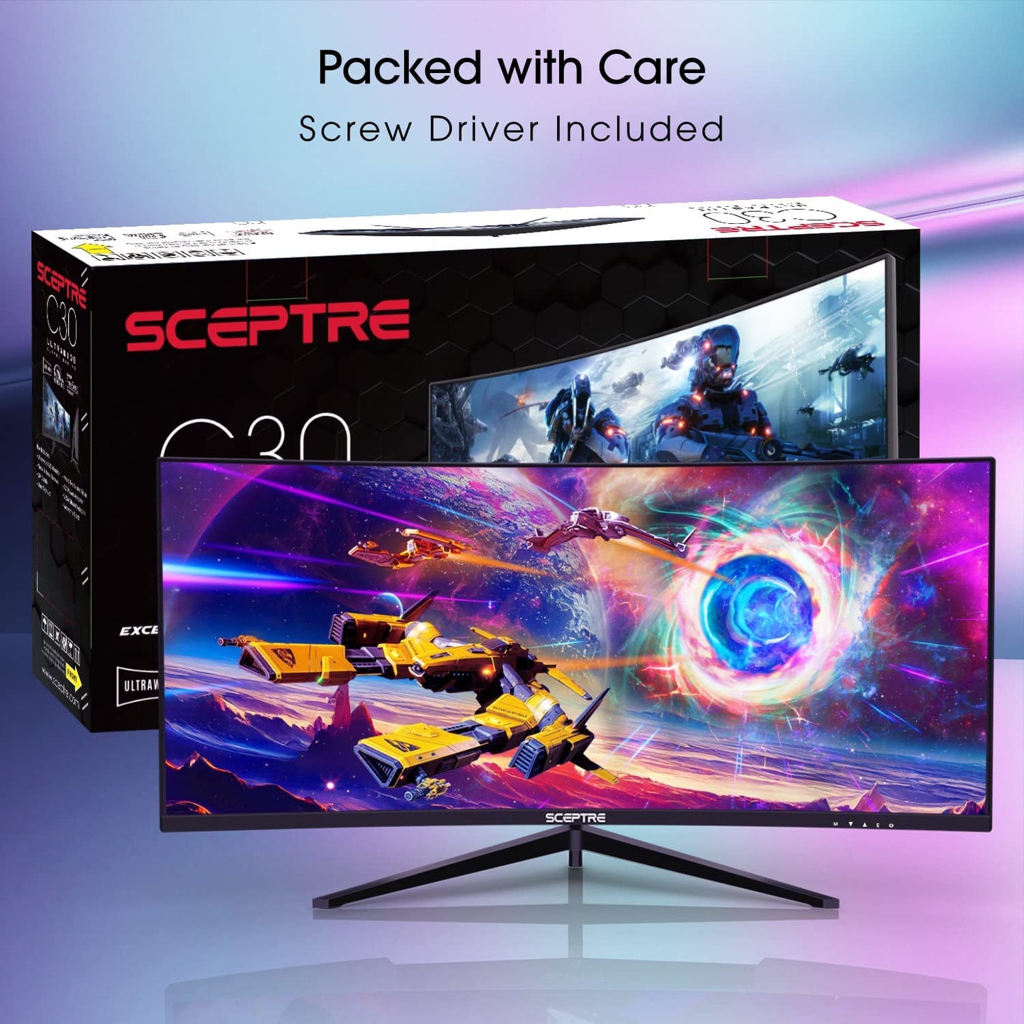 Sceptre 30-Inch Curved Ultra Wide Gaming Monitor, 21:9 Aspect Ratio, 2560x1080 Resolution, 200Hz Refresh Rate, HDMI and DisplayPort Connectivity, Built-In Speakers, Metal Black (Model C305B-200UN1)