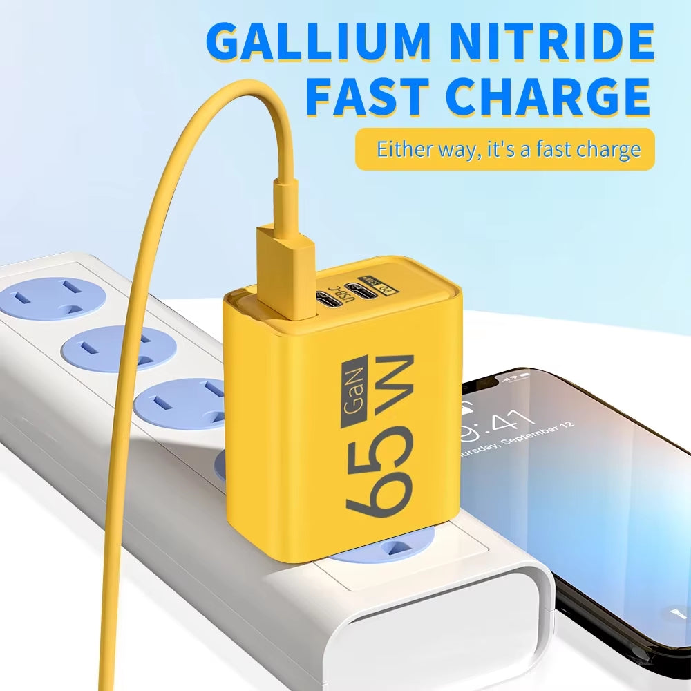 65W Gan USB C Charger 3 Ports Fast Charging Type C Phone Charger Adapter for Iphone 15 Samsung Xiaomi Huawei Quick Wall Charger