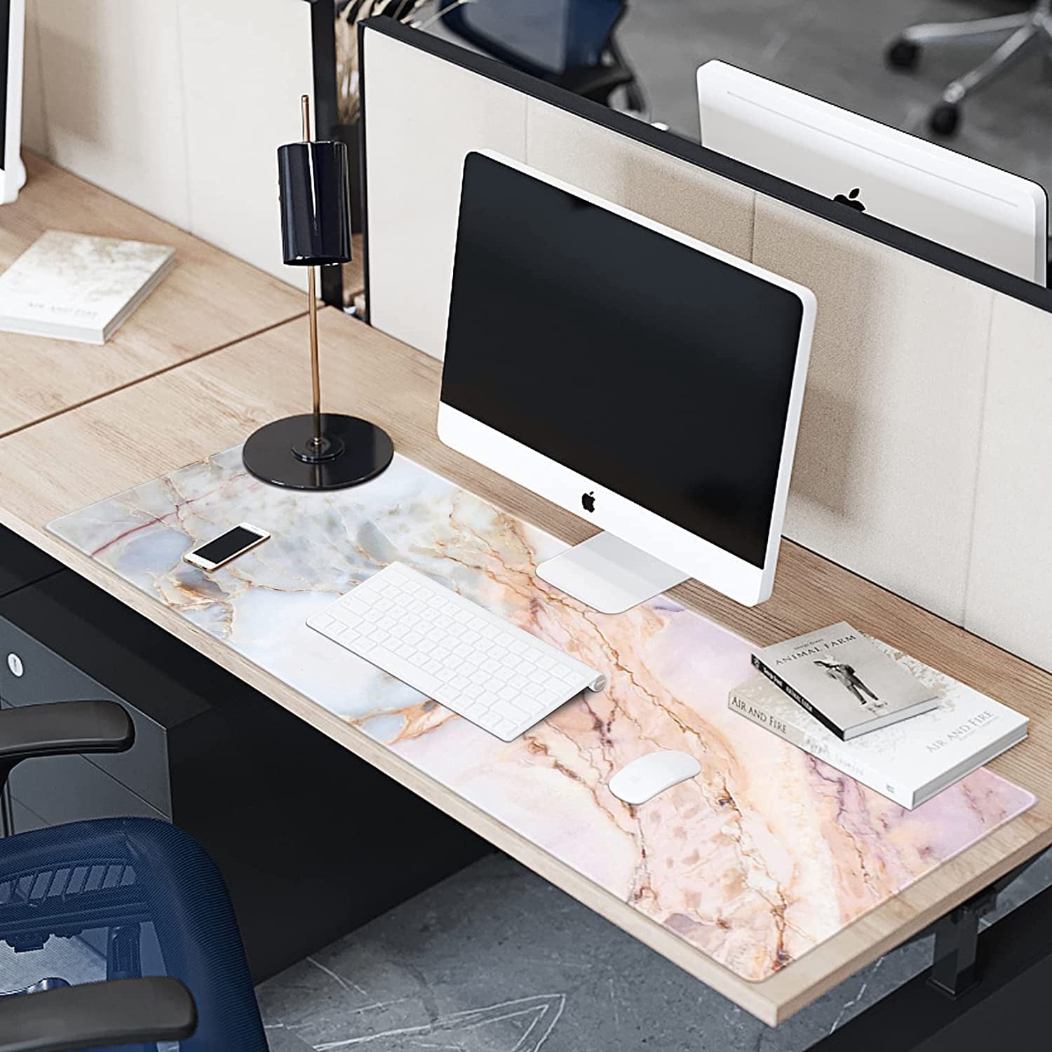 Oversized Pink Marble Gaming Mouse Pad - Extended Non-Slip Rubber Desk Mat with Stitched Edges (31.5" x 11.8" x 0.12")