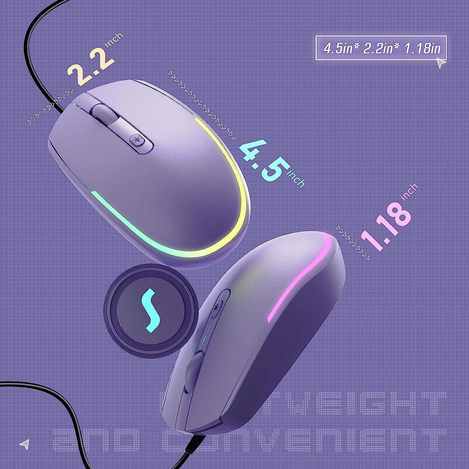 Seenda Wired USB Optical Mouse with RGB Backlighting for Laptops and Chromebooks - Purple
