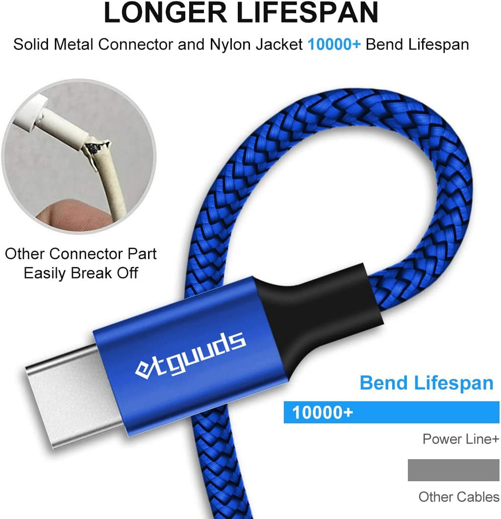 Etguuds 15-Foot USB C Cable (2-Pack) - Fast Charging USB A to USB Type C 2.0, Durable Nylon Braided Charger - Blue