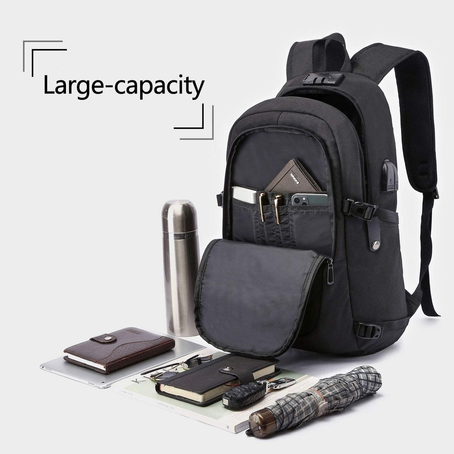 WENIG Anti-Theft Travel Laptop Backpack with USB Charging Port and Water-Resistant Design, Slim Computer Bag for Men, Ideal for College and 15.6 Inch Laptops