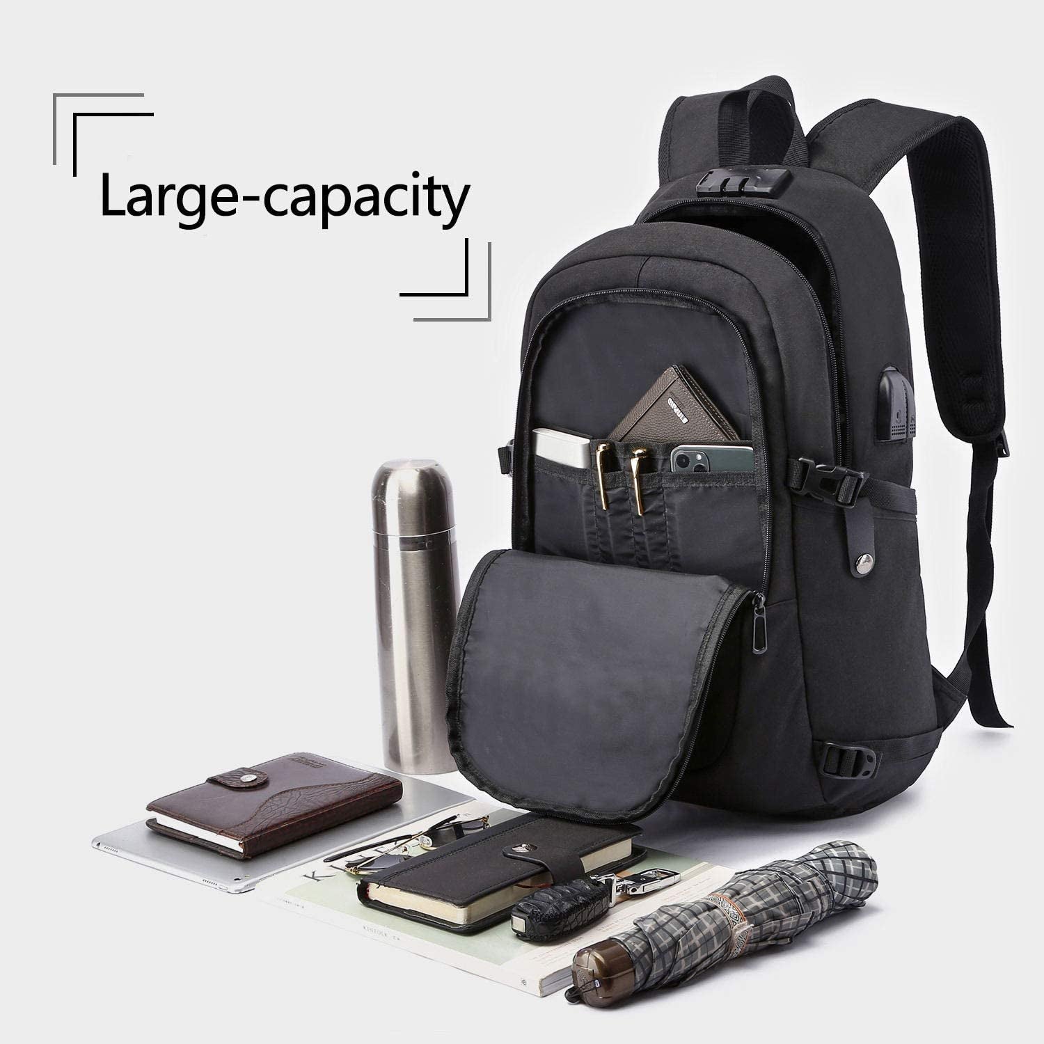 WENIG Anti-Theft Travel Laptop Backpack with USB Charging Port and Water-Resistant Design, Slim Computer Bag for Men, Ideal for College and 15.6 Inch Laptops
