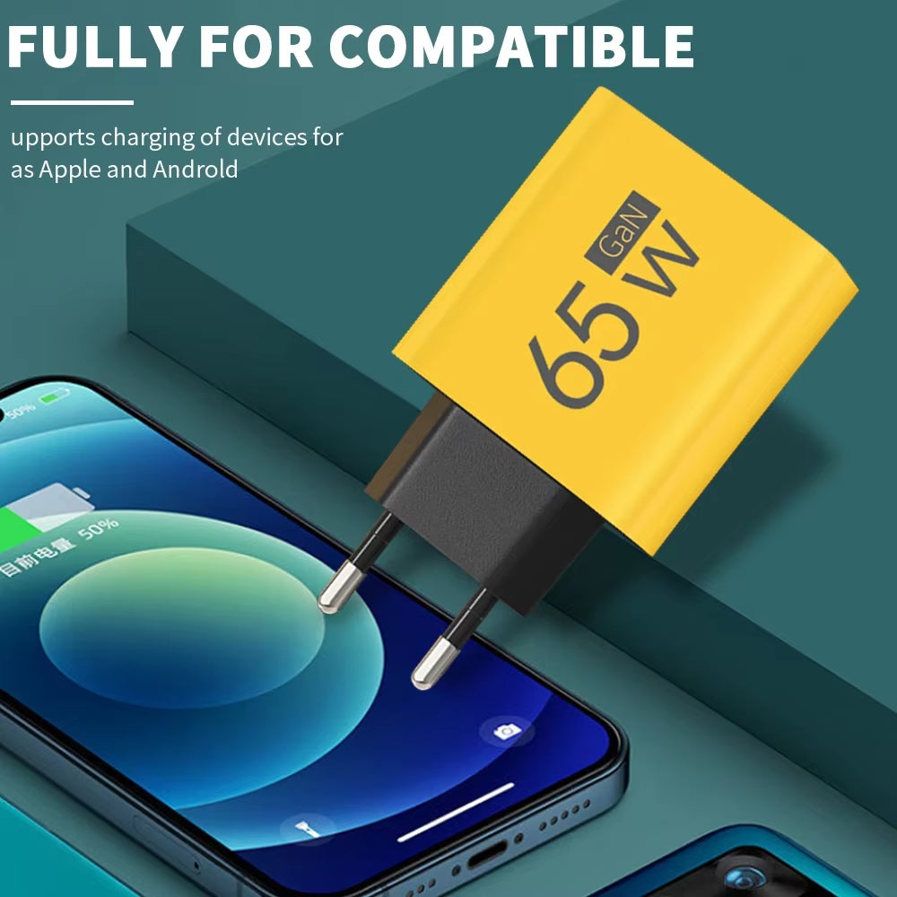 65W Gan USB C Charger 3 Ports Fast Charging Type C Phone Charger Adapter for Iphone 15 Samsung Xiaomi Huawei Quick Wall Charger