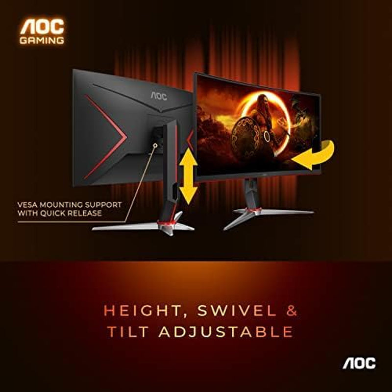 AOC C32G2 32" Curved Frameless Gaming Monitor FHD, 1500R Curved VA, 1Ms, 165Hz, Freesync, Height Adjustable, 3-Year Zero Dead Pixel Policy, Black