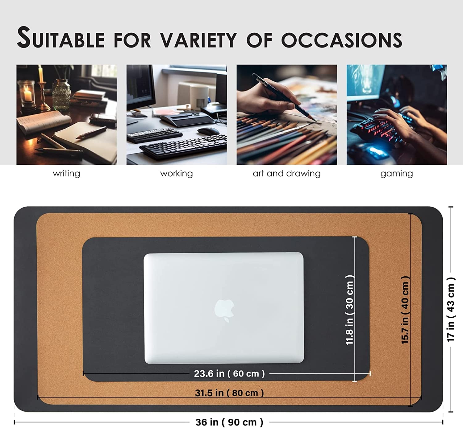 Compact Dual-Sided Cork Desk Mat - Versatile Desk Pad for Home and Office - Ideal for Mouse Usage and Desk Organization (Black, 23.6" x 11.8")