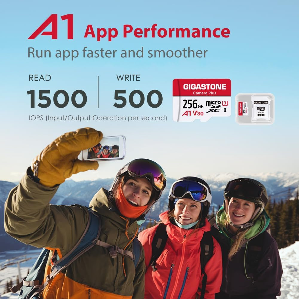 Gigastone 256GB Camera Plus Series Memory Card - Up to 100MB/s Read Speed, Perfect for Full HD Video with GoPro, Drones, and Android Cameras, A1 Micro SDXC Card with Mini Case and SD Adapter